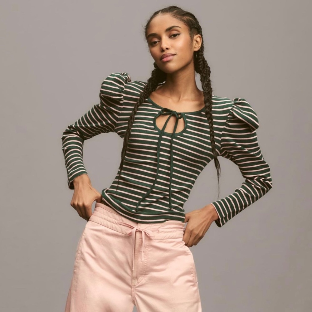Anthropologie Porridge Puff-Sleeve Tie-Front Top